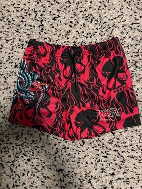 Ed Hardy Black & Red Flame Skull Swim Shorts with Dragon Graphic